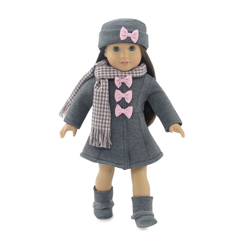 18 Inch Doll Clothes - Grey and Pink Coat with Hat, Boots, and